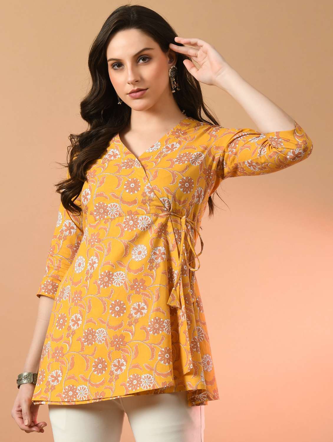 women printed three quarter sleeve angrakha kurti