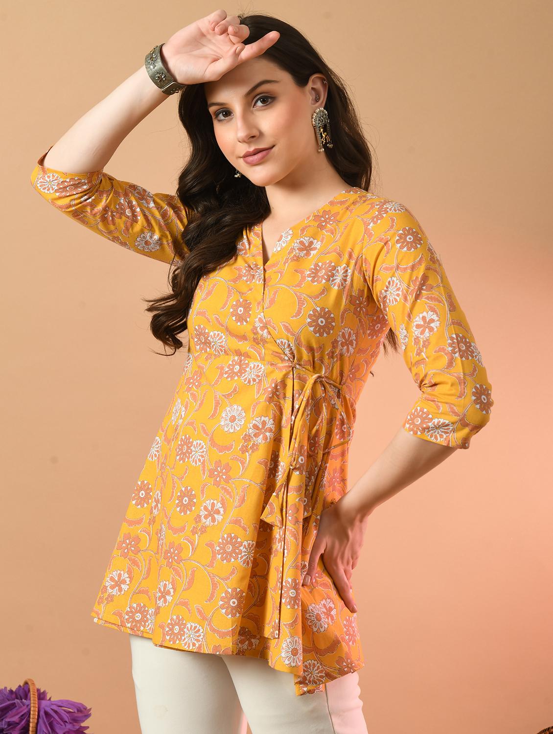 women printed three quarter sleeve angrakha kurti - 21978647 -  Standard Image - 1
