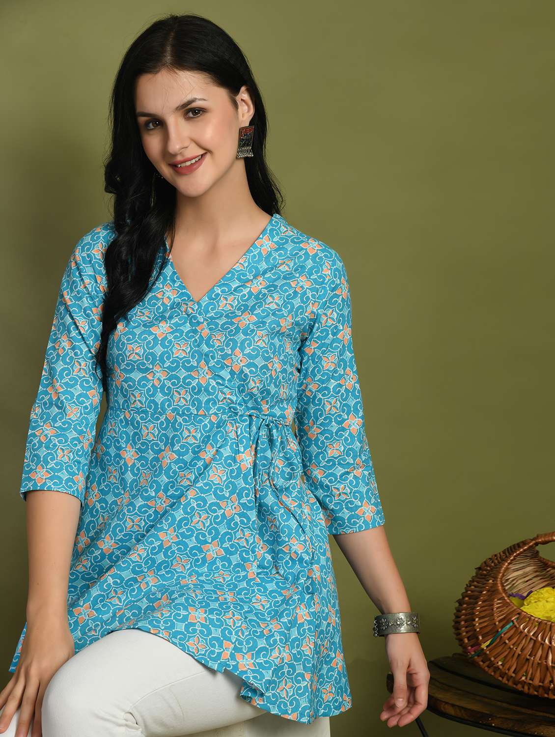 women printed three quarter sleeve angrakha kurti - 21978648 -  Standard Image - 1