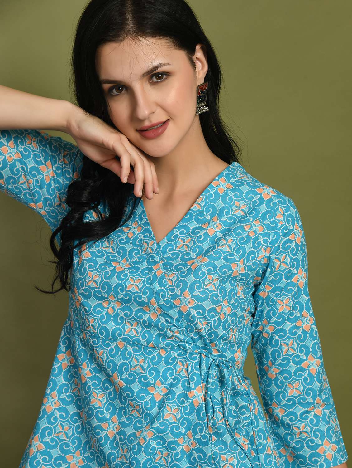 women printed three quarter sleeve angrakha kurti - 21978648 -  Standard Image - 4