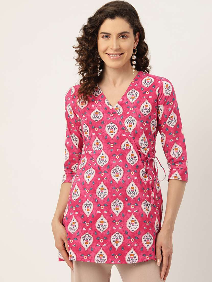 women printed three quarter sleeve angrakha kurti