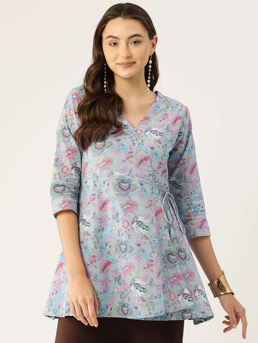 women printed three quarter sleeve angrakha kurti