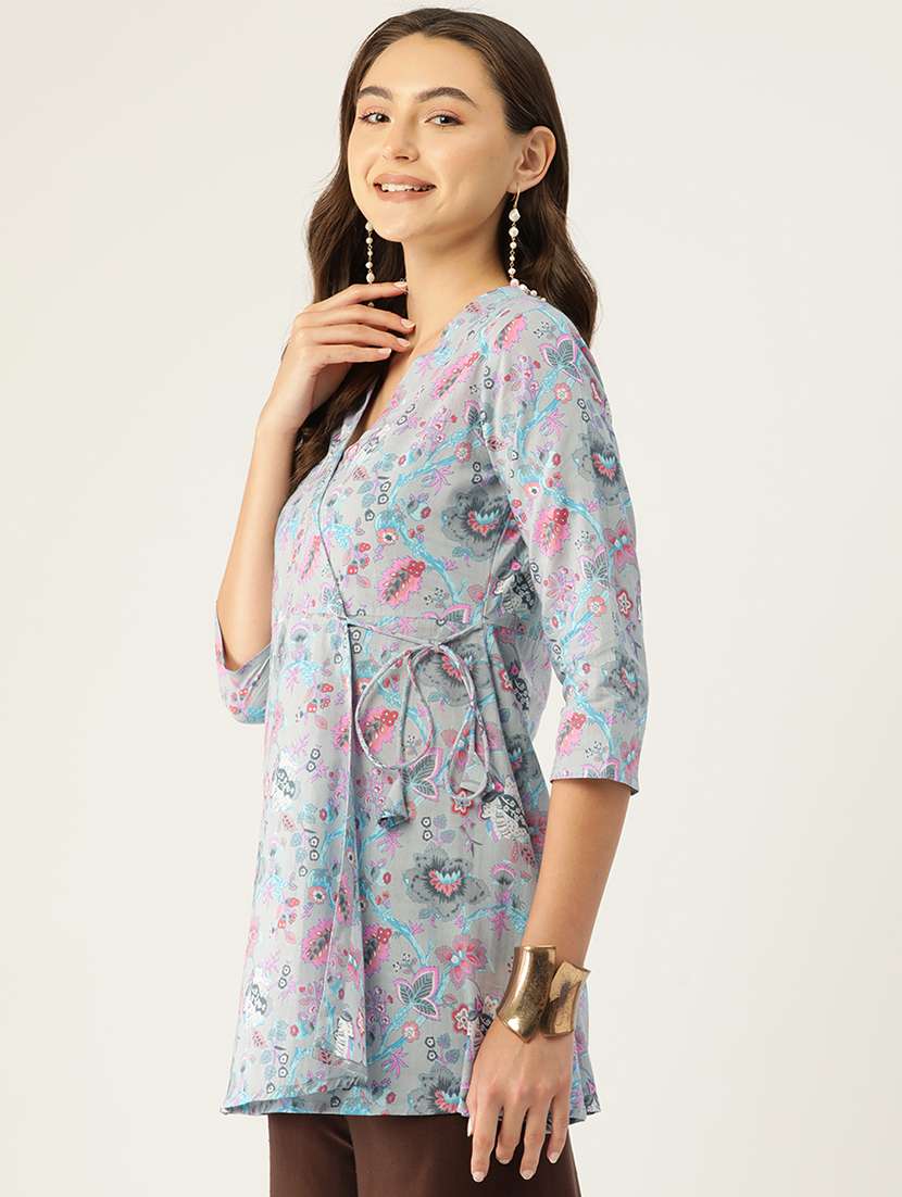 women printed three quarter sleeve angrakha kurti - 21978650 - Standard Image - 1