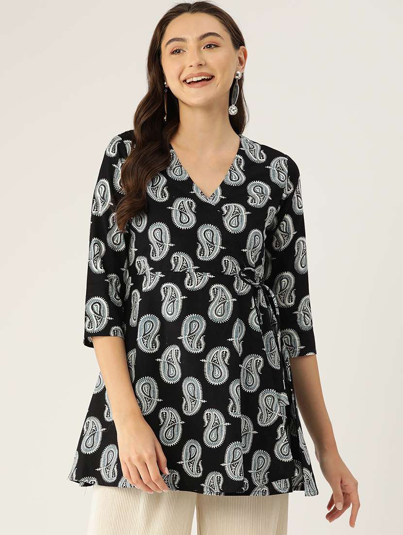women printed three quarter sleeve angrakha kurti