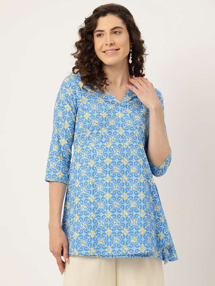 women printed three quarter sleeve angrakha kurti