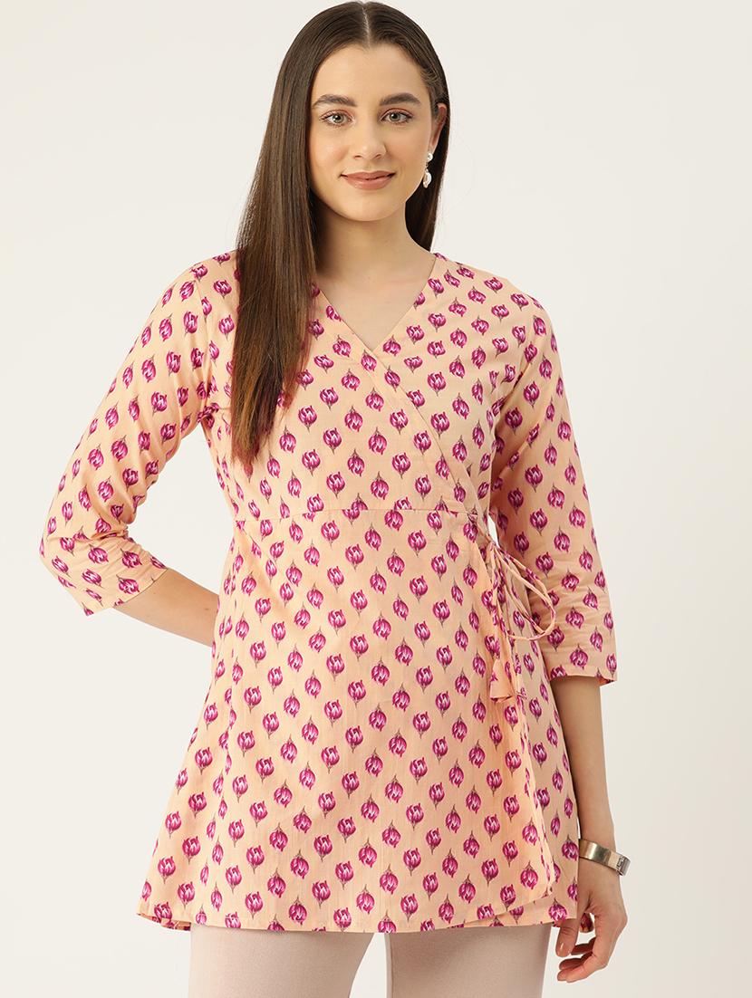 women printed three quarter sleeve angrakha kurti - 21978654 -  Zoom Image - 0