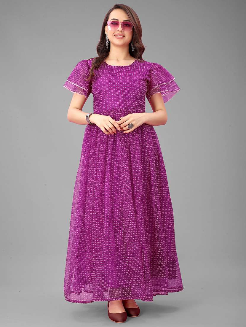 women checkered semi stitched fit & flare gown