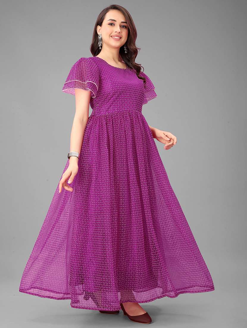 women checkered semi stitched fit & flare gown - 21978662 -  Standard Image - 1