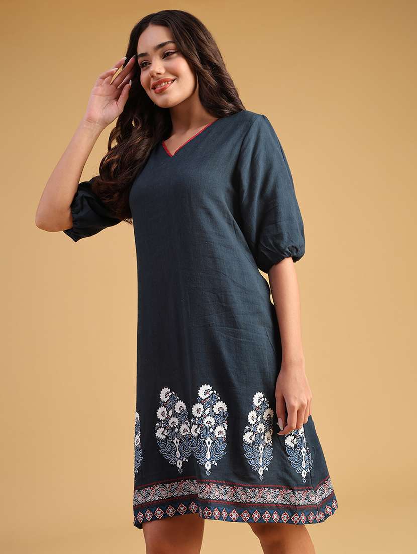 women printed puff sleeve a-line dress
