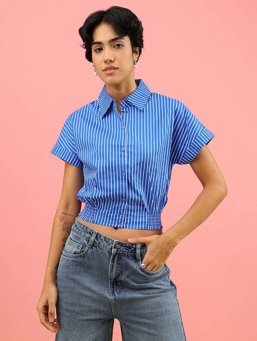 women striped collared short sleeve crop shirt