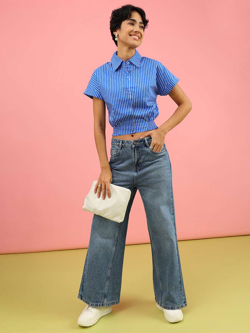 women striped collared short sleeve crop shirt - 21978997 -  Standard Image - 4