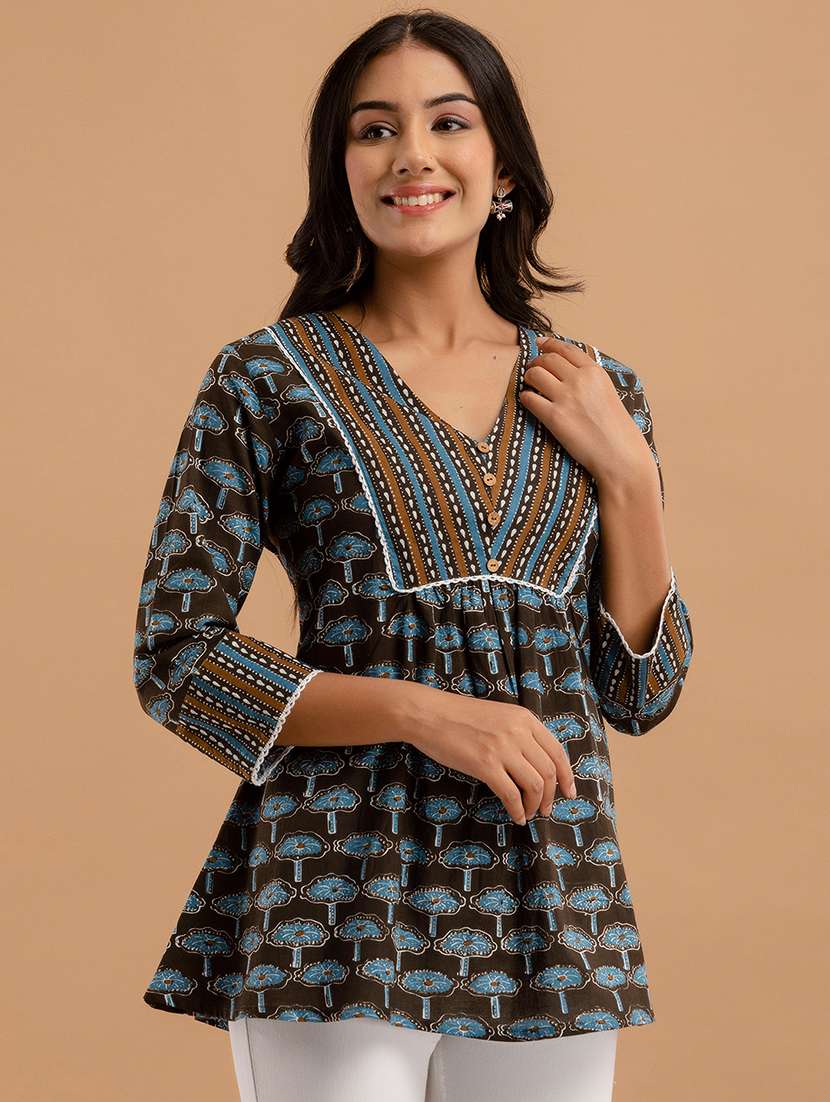 women printed three quarter sleeve a-line kurti - 21979051 -  Standard Image - 1