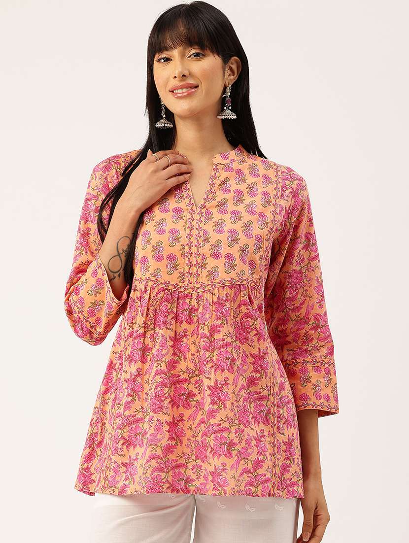 women printed three quarter sleeve a-line kurti