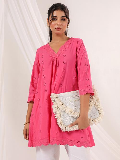 women three quarter sleeve schiffli a-line kurta - 21979074 -  Standard Image - 0