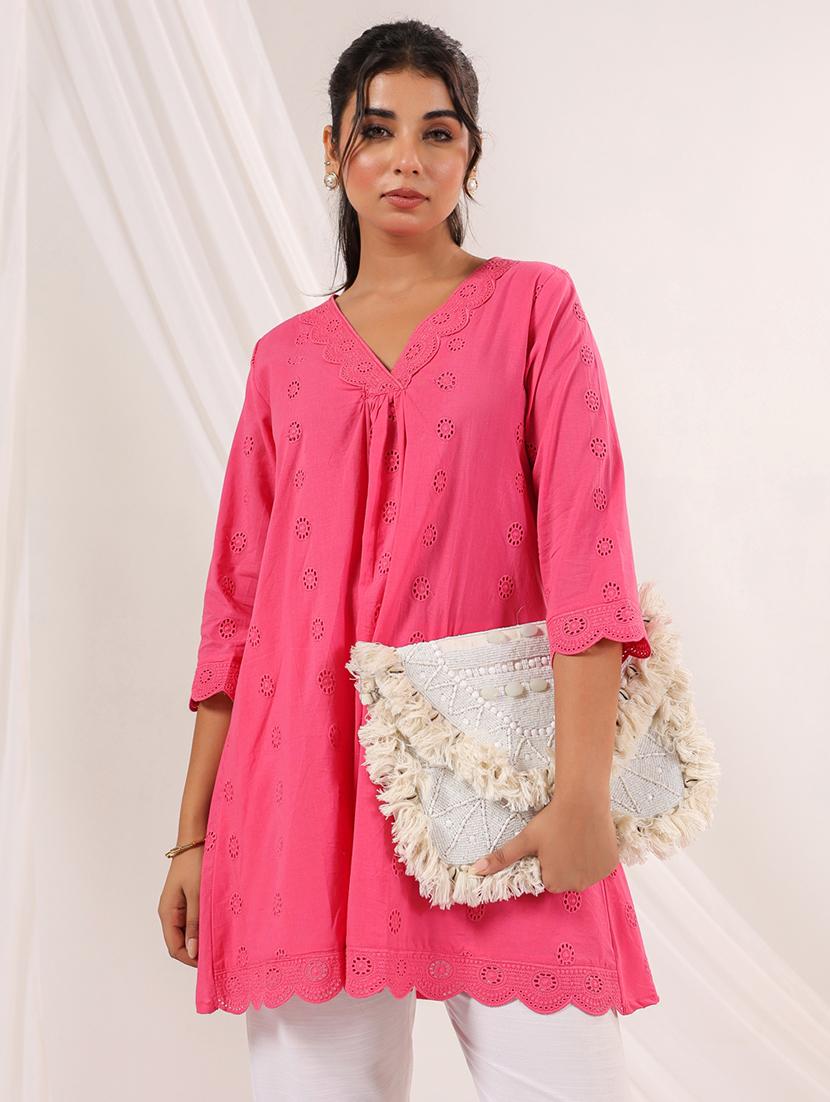 women three quarter sleeve schiffli a-line kurta - 21979074 -  Zoom Image - 0