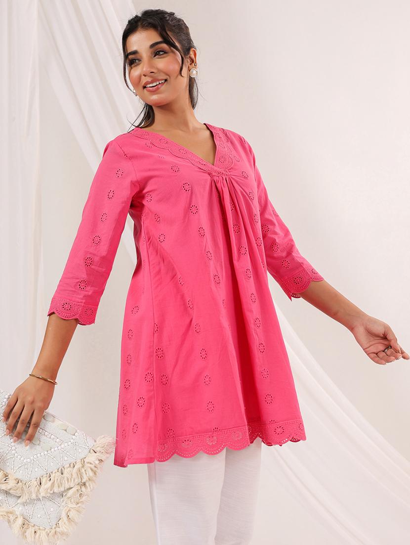 women three quarter sleeve schiffli a-line kurta - 21979074 - Standard Image - 1