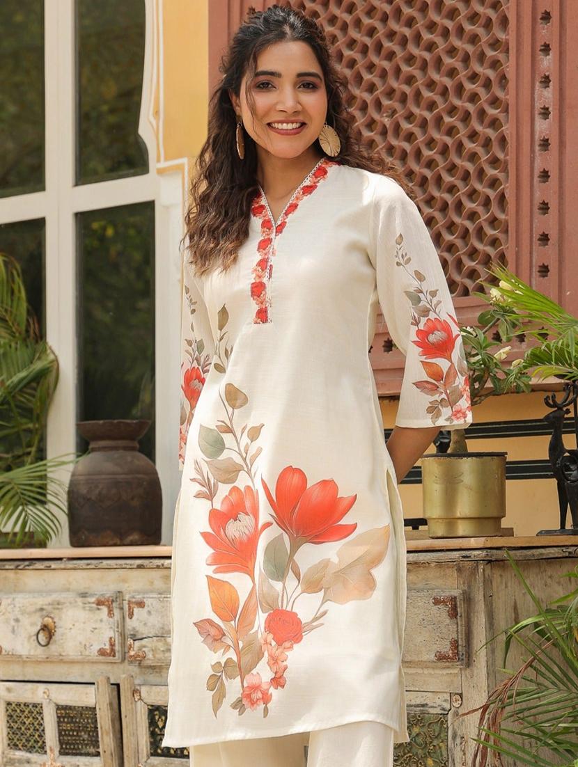 women floral three quarter sleeve kurta pant set - 21979259 - Standard Image - 1