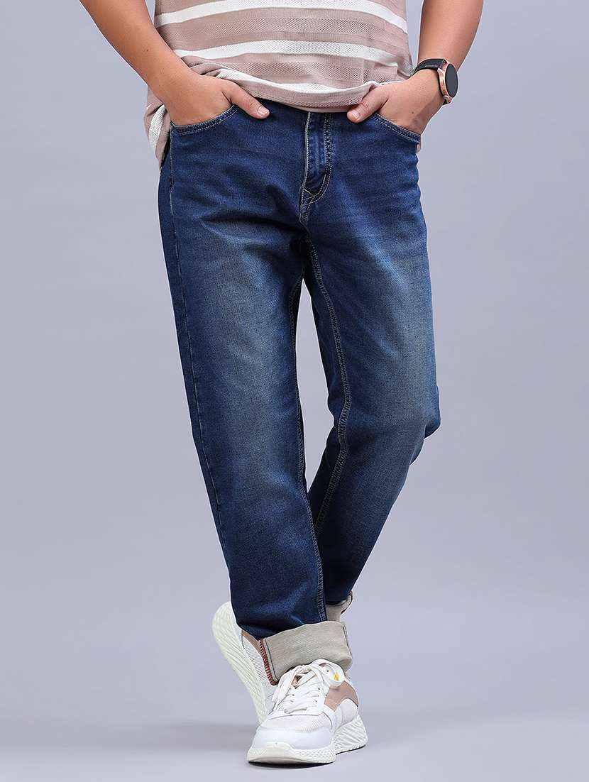 men washed mid rise full length jeans