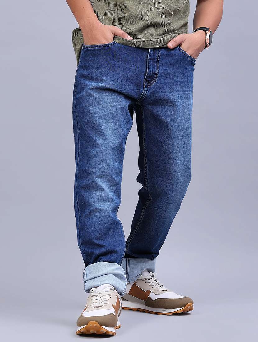 men washed mid rise full length jeans