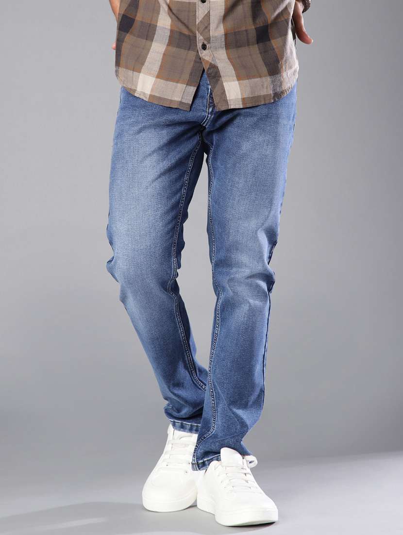 men washed mid rise full length jeans