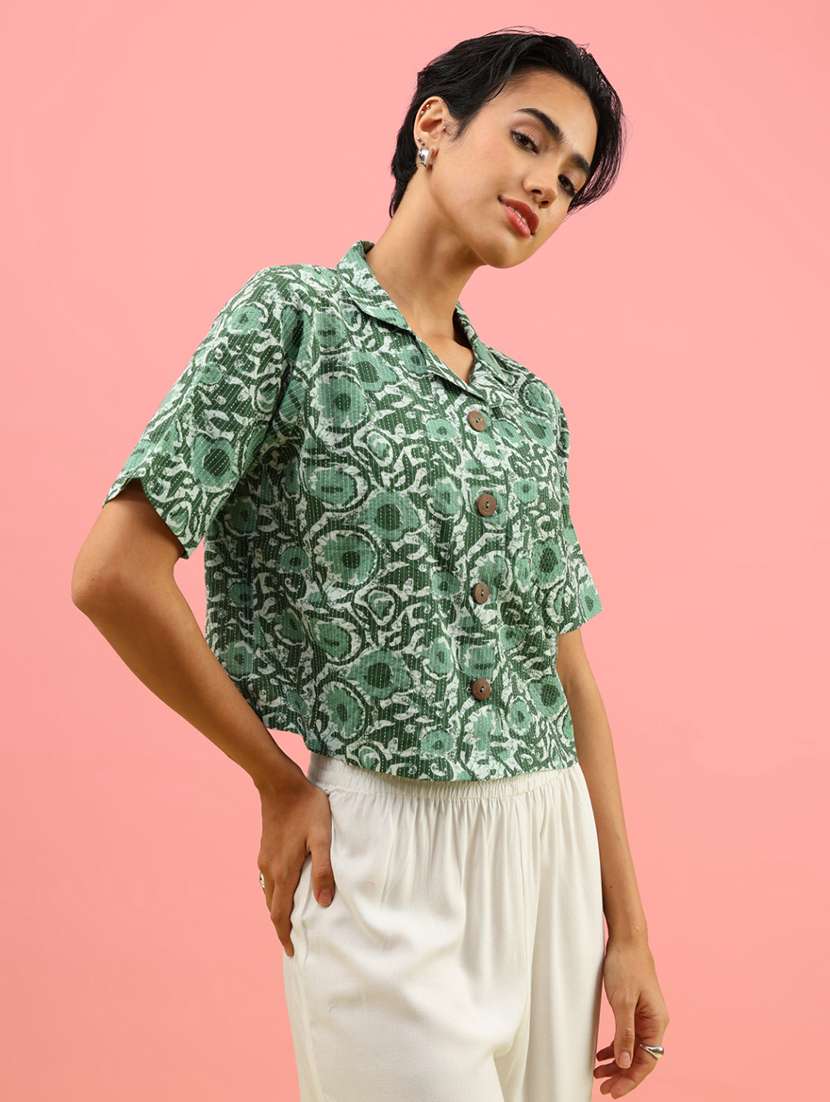 women printed collared short sleeve shirt - 21979545 -  Standard Image - 1