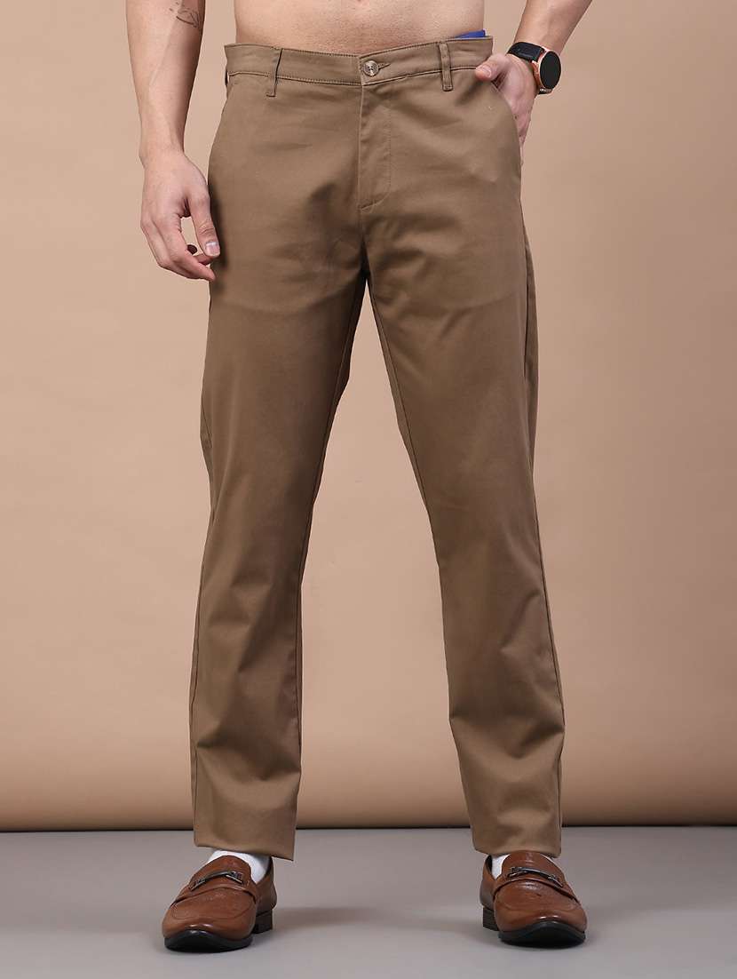 men solid mid rise flat front casual trouser