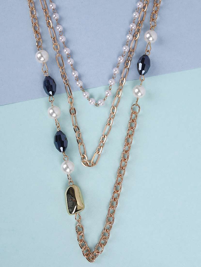 layered gold chain necklace with pearls and blue beads - 21979671 -  Standard Image - 1