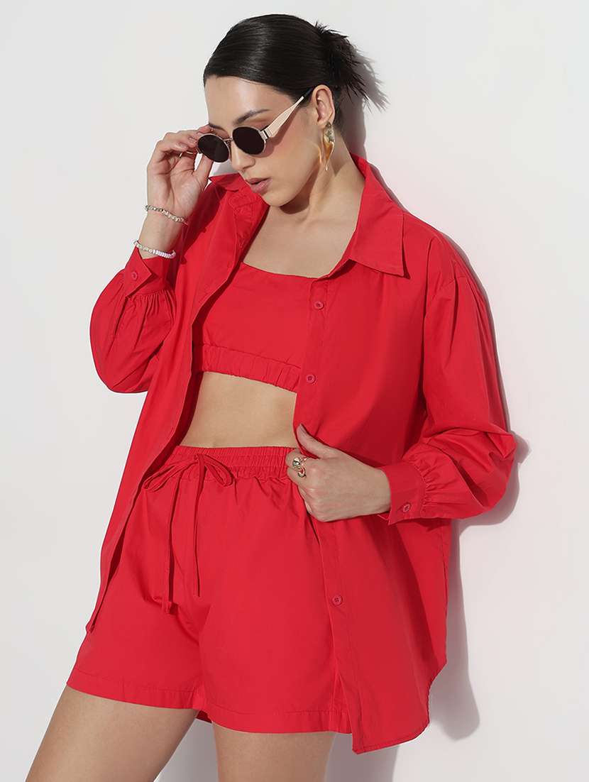 women solid shirt and short with tank top set