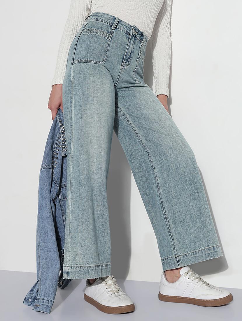 women solid high rise wide leg jean