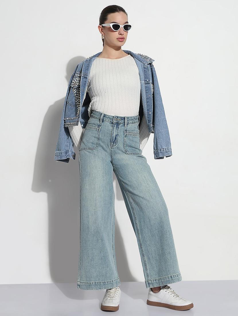 women solid high rise wide leg jean - 21979731 - Standard Image - 4