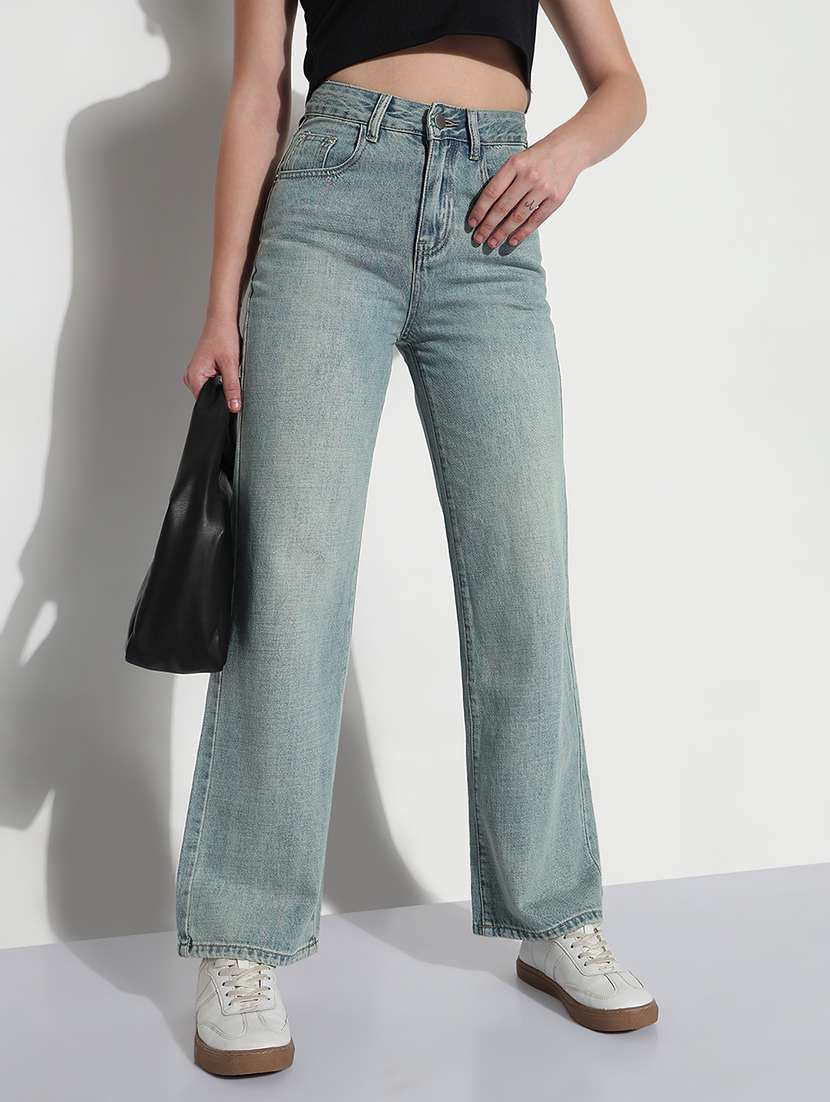 women solid high rise straight fit jean
