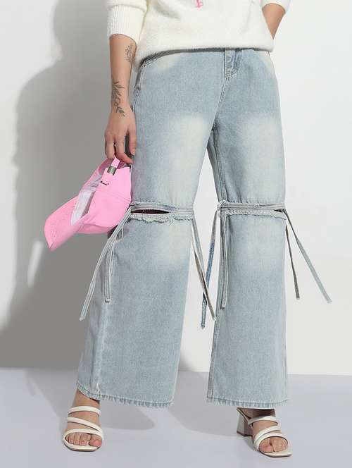 women solid slash knee high rise wide leg jeans - 21979736 -  Standard Image - 0