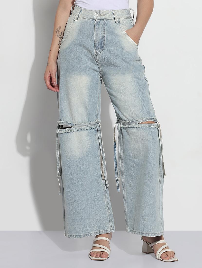 women solid slash knee high rise wide leg jeans - 21979736 - Standard Image - 1