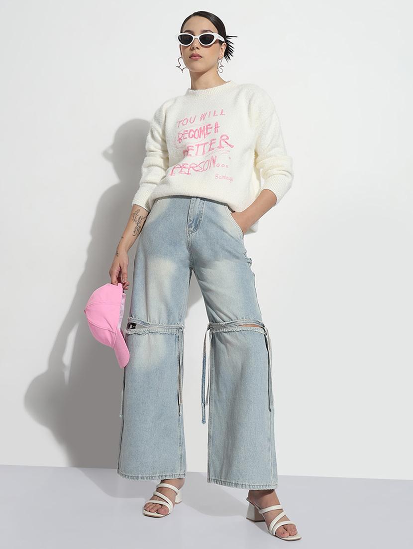 women solid slash knee high rise wide leg jeans - 21979736 - Standard Image - 4