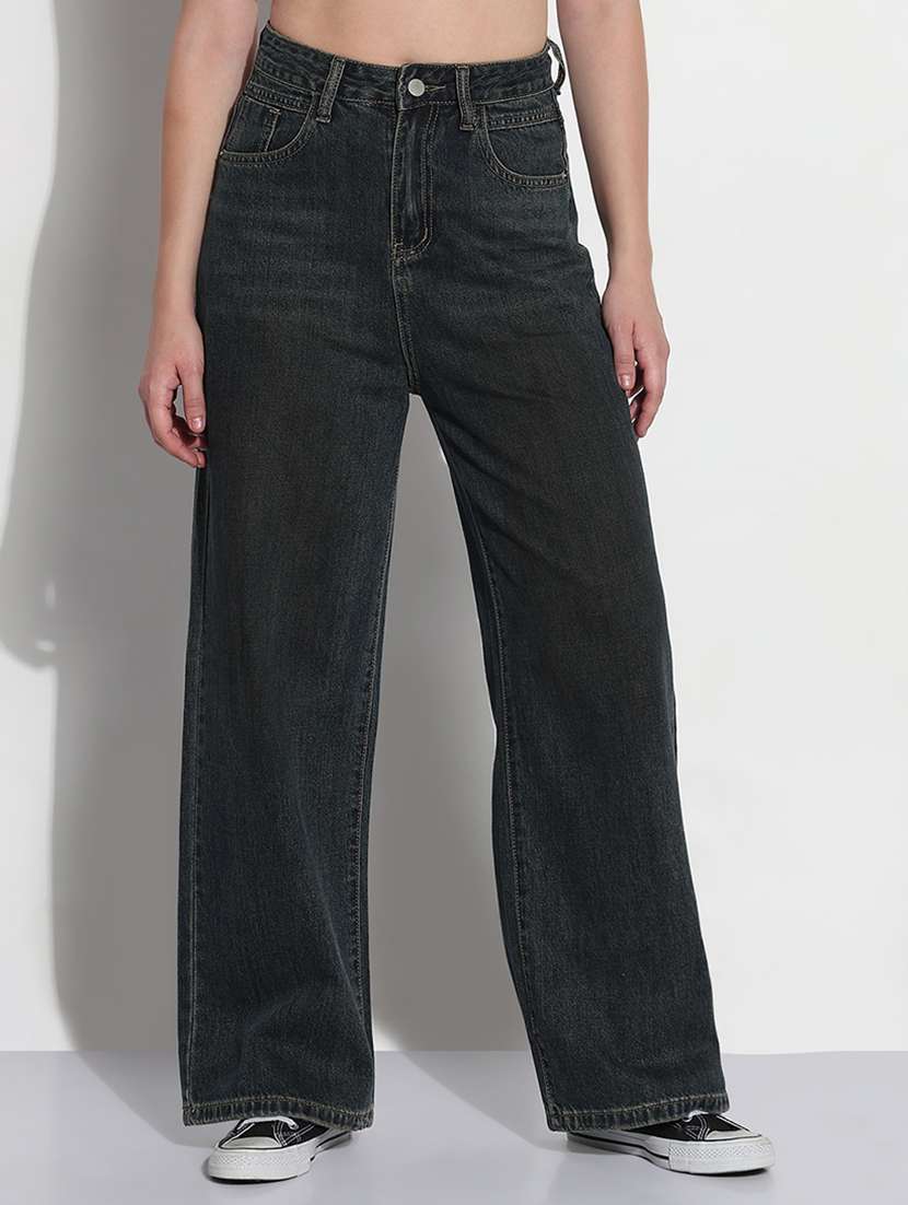 women solid high rise wide leg jean