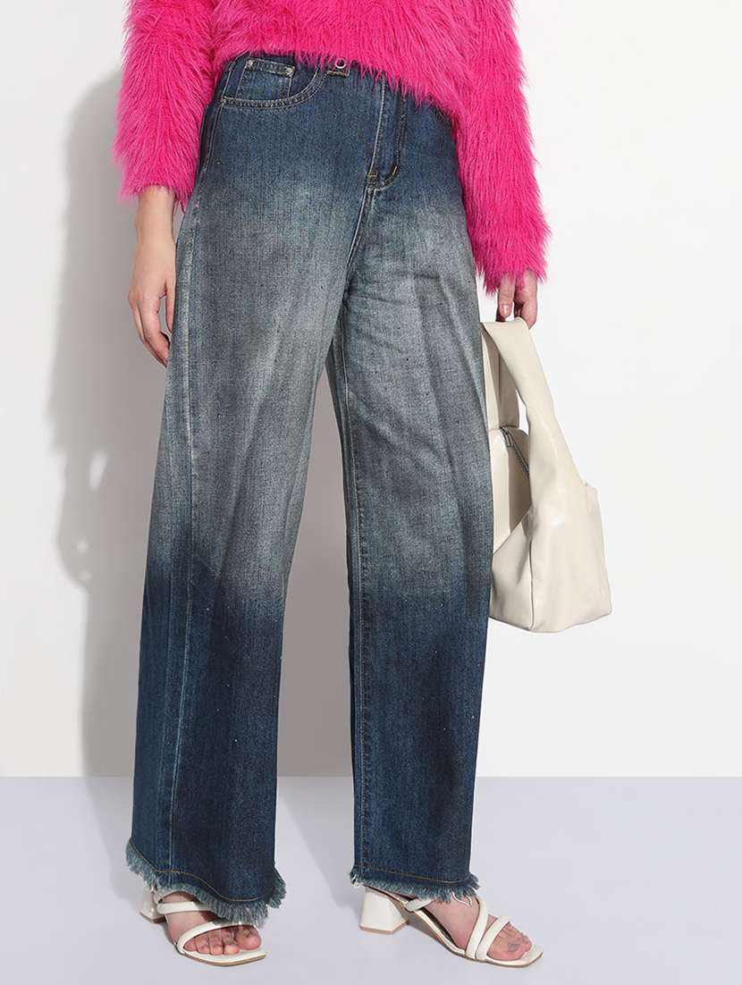 women solid high rise wide leg jean