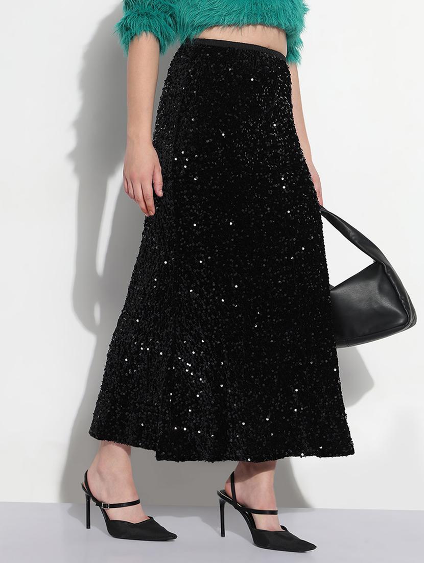 women black sequined high rise a-line skirt - 21979742 -  Standard Image - 1