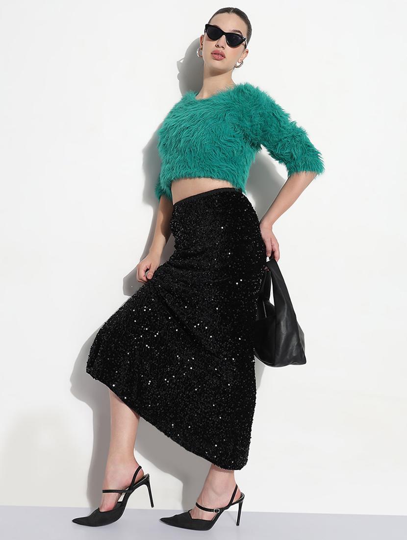 women black sequined high rise a-line skirt - 21979742 - Standard Image - 4