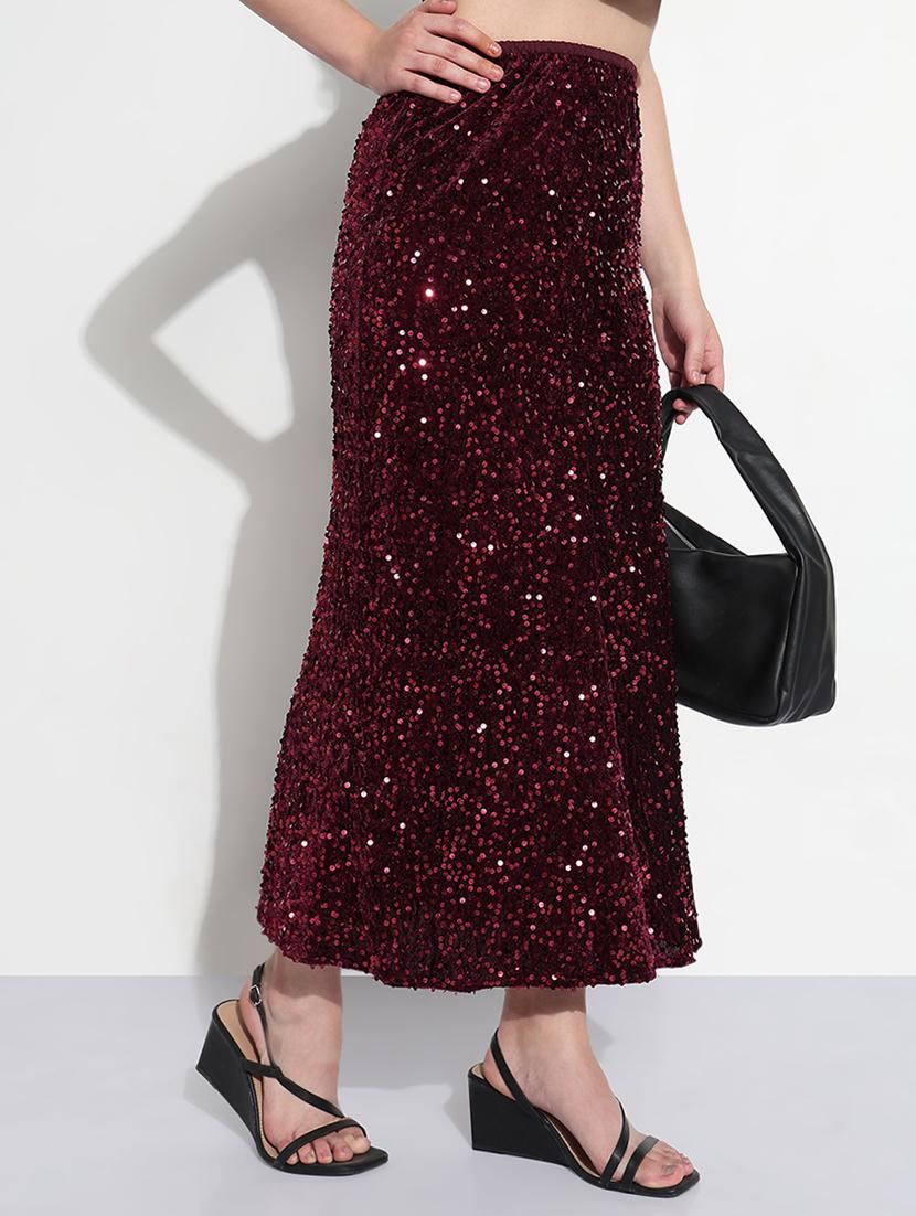 women maroon sequined high rise a-line skirt - 21979743 - Standard Image - 1