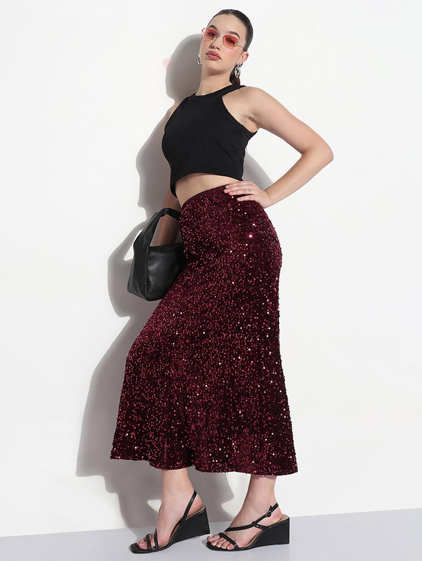women maroon sequined high rise a-line skirt - 21979743 - Standard Image - 4