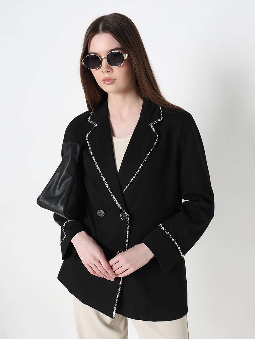 women solid long sleeve double breasted blazer
