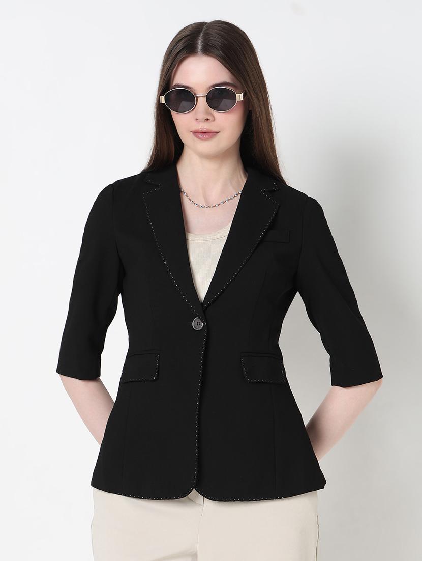 women solid three quarter sleeve single breasted blazer - 21979769 -  Standard Image - 1