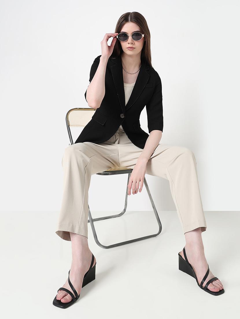 women solid three quarter sleeve single breasted blazer - 21979769 - Standard Image - 4