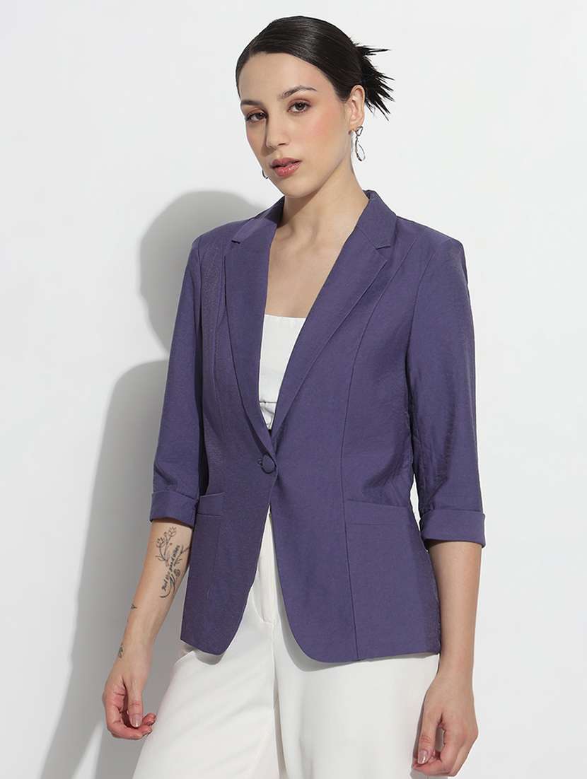 women solid three quarter sleeve single breasted blazer - 21979770 -  Standard Image - 1