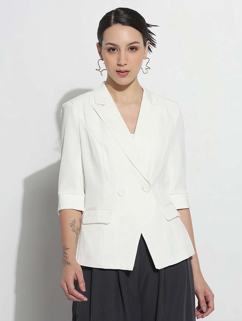 women solid three quarter sleeve double breasted blazer