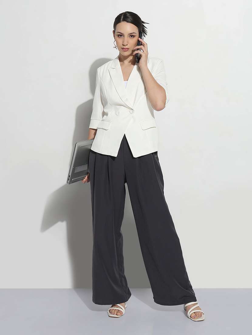 women solid three quarter sleeve double breasted blazer - 21979771 - Standard Image - 4