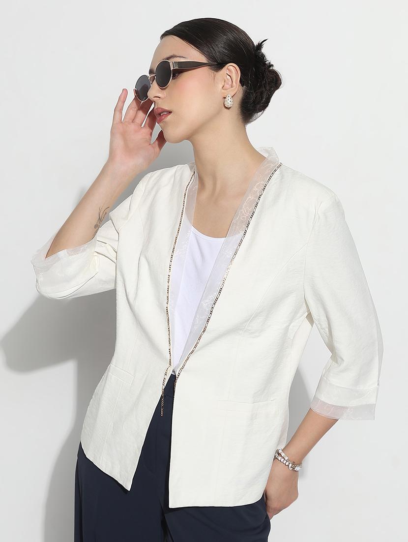 women solid three quarter sleeve single breasted blazer - 21979773 - Zoom Image - 0