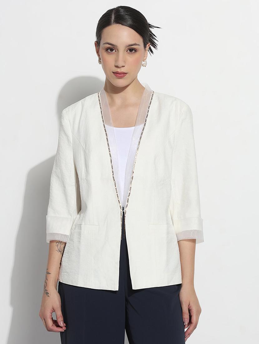 women solid three quarter sleeve single breasted blazer - 21979773 - Standard Image - 1