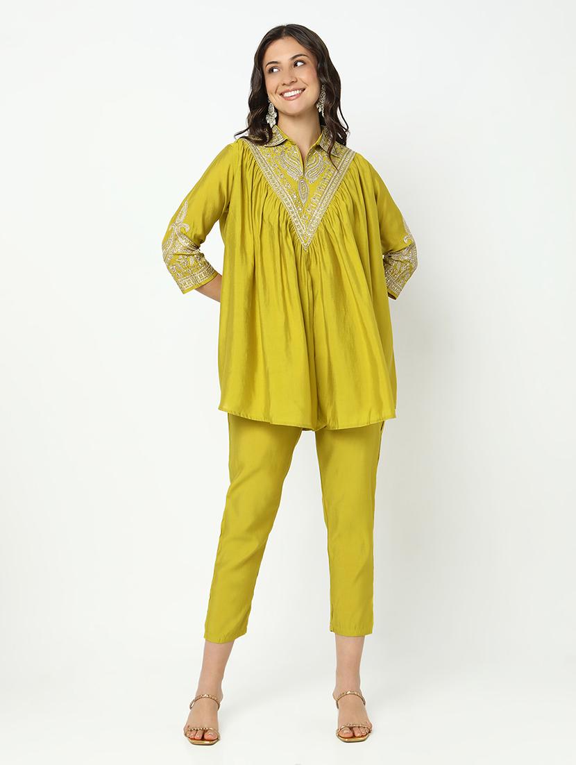 women solid with work three quarter sleeve ethnic co-ord set - 21979780 - Standard Image - 1