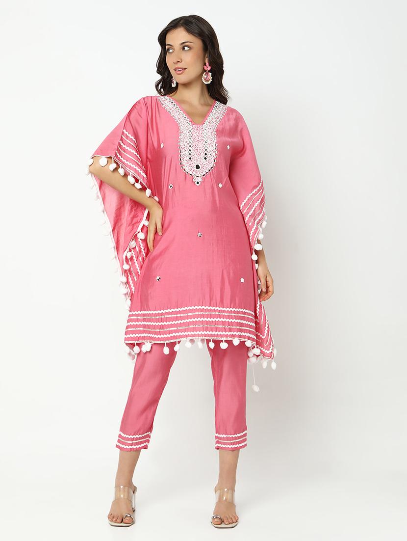 women solid with work kimono sleeve kaftan kurta pant set - 21979787 - Standard Image - 1